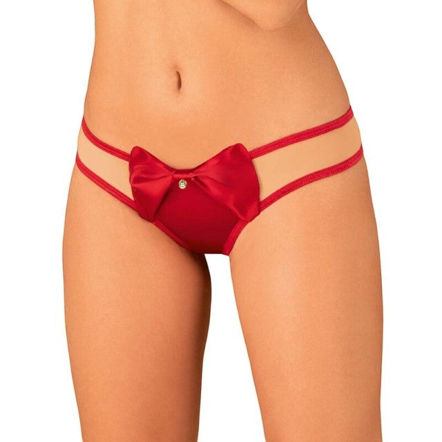 Chilot tanga sexy OBSESSIVE Rubinesa, model cu fundiță în față, culoare roșu cu nud, mărime S/M