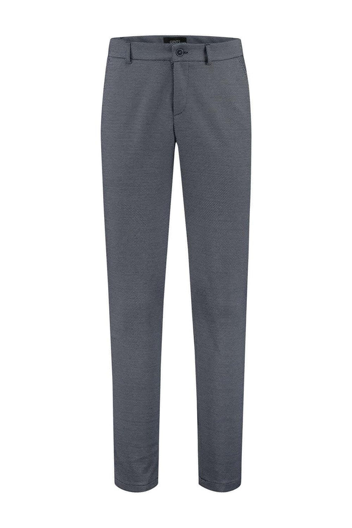 Chino slim blokje blauwgrijs, blauwgrijs met stretch, ruime zakken, knoop-ritssluiting.