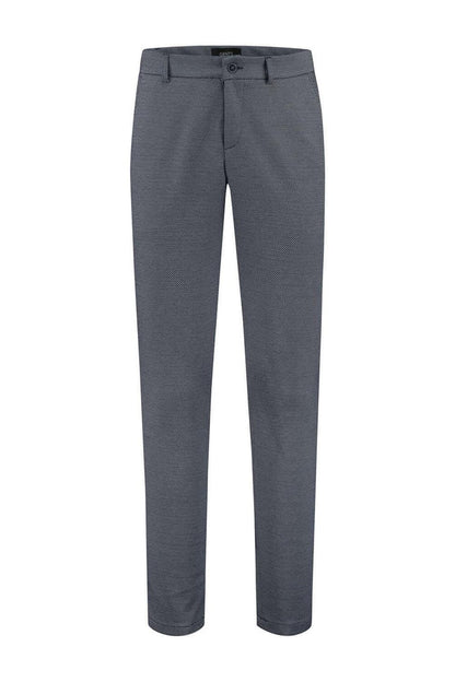 Chino slim blokje blauwgrijs, blauwgrijs met stretch, ruime zakken, knoop-ritssluiting.