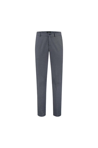 Chino slim blokje blauwgrijs met ruime zakken en knoop-ritssluiting, model in blauwgrijs met stretch.