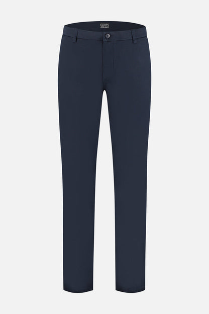 Chino stretch dobby navy pants displayed on a white background showcasing their sleek design and color.