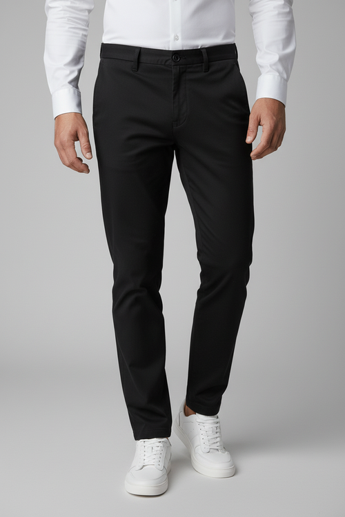 Chino stretch structuur zwart, stijlvolle broek met subtiele stretchstructuur en katoenmix.
