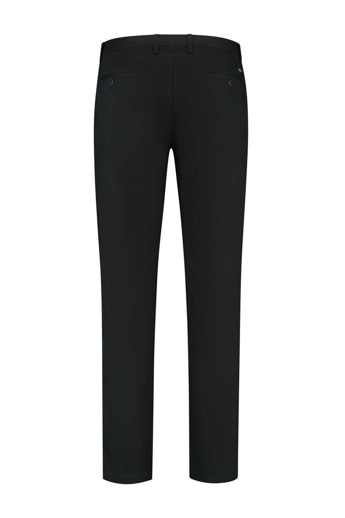 Chino stretch structuur zwart - Broek met subtiele stretchstructuur en katoenmix, achteraan zichtbaar.