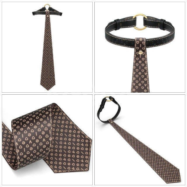 Choker LOVETOY Rebellion Tie Collar, lesă BDSM din piele artificială, cu cravată, mărime ajustabilă, negru cu maro