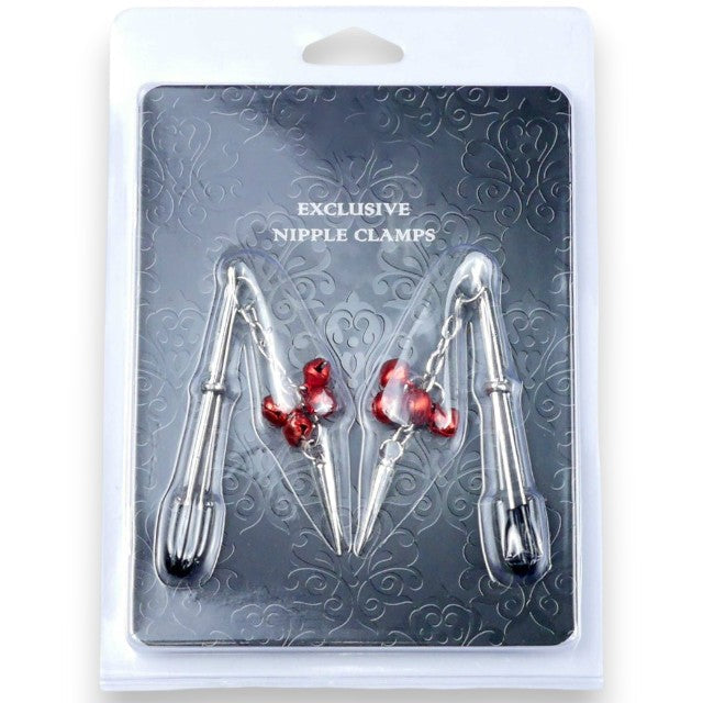 Cleme pentru sfârcuri B-SERIES Exclusive Nipple Clamps, design cu țepi și clopoței, argintiu cu roșu (61-00012)
