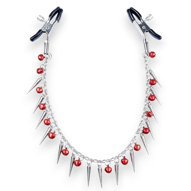 Cleme pentru sfârcuri B-SERIES Exclusive Nipple Clamps, design cu lanț, țepi și clopoței, argintiu cu roșu (61-00011)