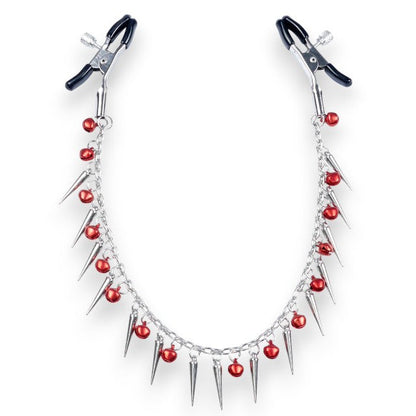 Cleme pentru sfârcuri B-SERIES Exclusive Nipple Clamps, design cu lanț, țepi și clopoței, argintiu cu roșu (61-00011)