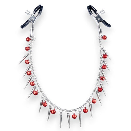 Cleme pentru sfârcuri B-SERIES Exclusive Nipple Clamps, design cu lanț, țepi și clopoței, argintiu cu roșu (61-00011)