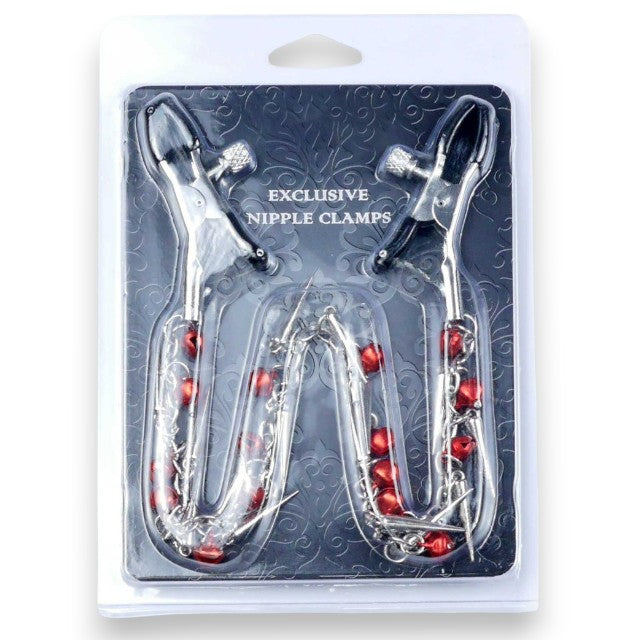 Cleme pentru sfârcuri B-SERIES Exclusive Nipple Clamps, design cu lanț, țepi și clopoței, argintiu cu roșu (61-00011)