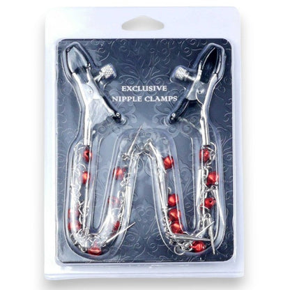 Cleme pentru sfârcuri B-SERIES Exclusive Nipple Clamps, design cu lanț, țepi și clopoței, argintiu cu roșu (61-00011)