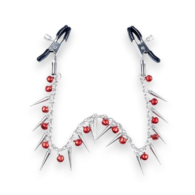 Cleme pentru sfârcuri B-SERIES Exclusive Nipple Clamps, design cu lanț, țepi și clopoței, argintiu cu roșu (61-00011)