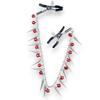 Cleme pentru sfârcuri B-SERIES Exclusive Nipple Clamps, design cu lanț, țepi și clopoței, argintiu cu roșu (61-00011)