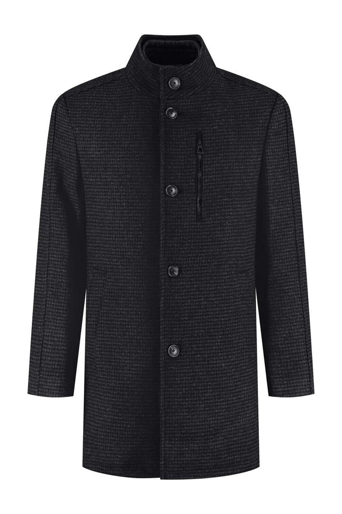 Coat houndstooth windvanger zwart-grijs met uitneembare windvanger en warme voering.