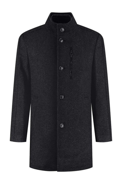 Coat houndstooth windvanger zwart-grijs met uitneembare windvanger en warme voering.