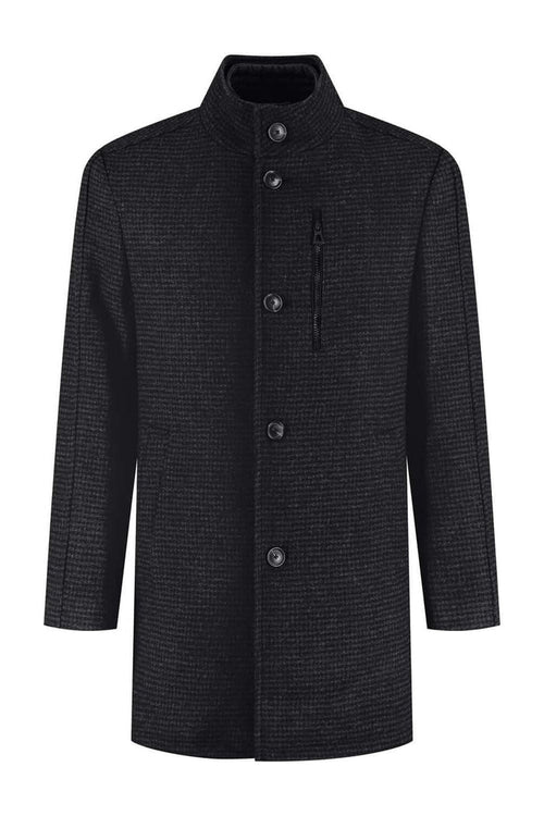 Coat houndstooth windvanger zwart-grijs met uitneembare windvanger en warme voering.