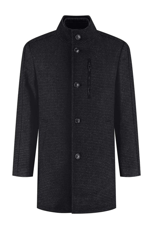 Coat houndstooth windvanger zwart-grijs met uitneembare windvanger en warme voering.