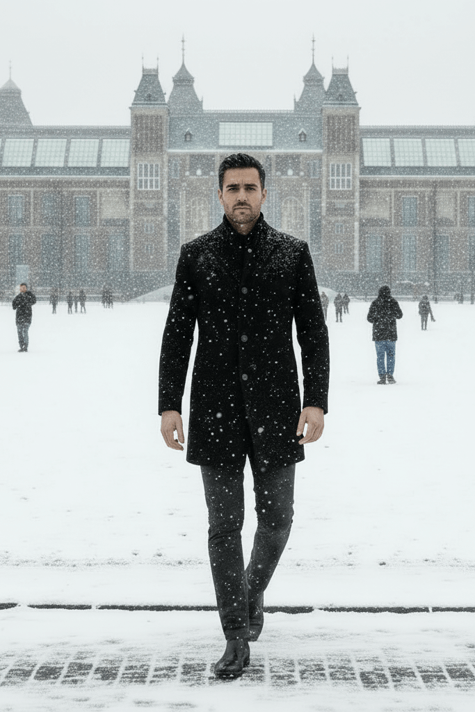 Model wearing a Coat houndstooth windvanger zwart-grijs in a snowy outdoor setting.