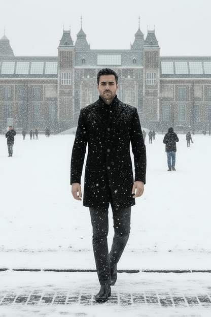 Model wearing a Coat houndstooth windvanger zwart-grijs in a snowy outdoor setting.