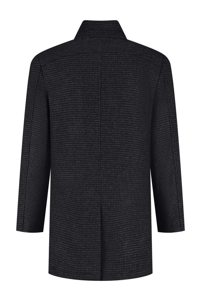Coat houndstooth windvanger zwart-grijs, stijlvolle zwarte en grijze jas met houndstooth patroon.