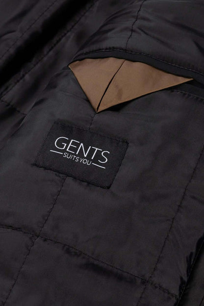 Coat houndstooth windvanger zwart-grijs close-up of inner lining and pocket detail.