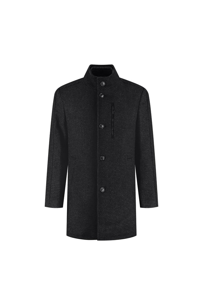 Coat houndstooth windvanger zwart-grijs, stijlvolle jas met uitneembare windvanger.