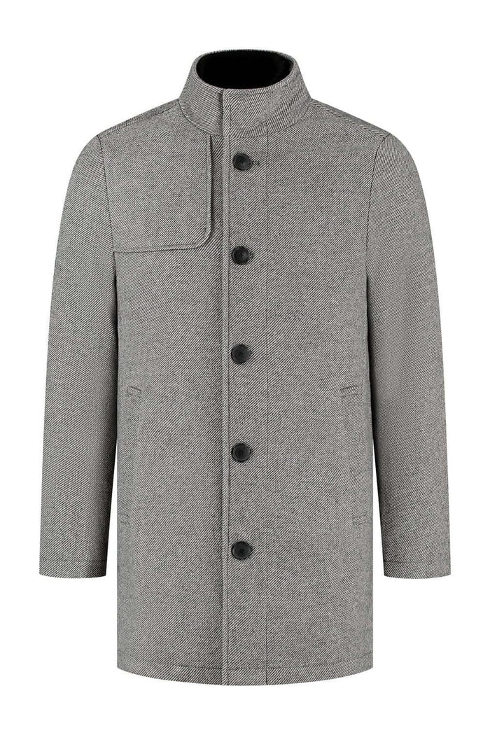 Coat stand-up collar grijs, grijze jas met opstaande kraag en visgraatpatroon, afneembare voering.