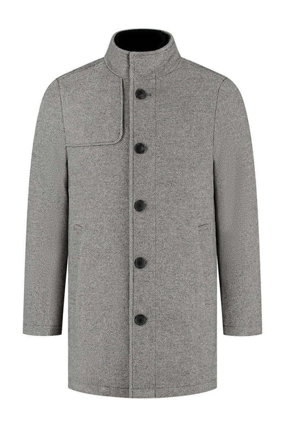 Coat stand-up collar grijs, grijze jas met opstaande kraag en visgraatpatroon, afneembare voering.