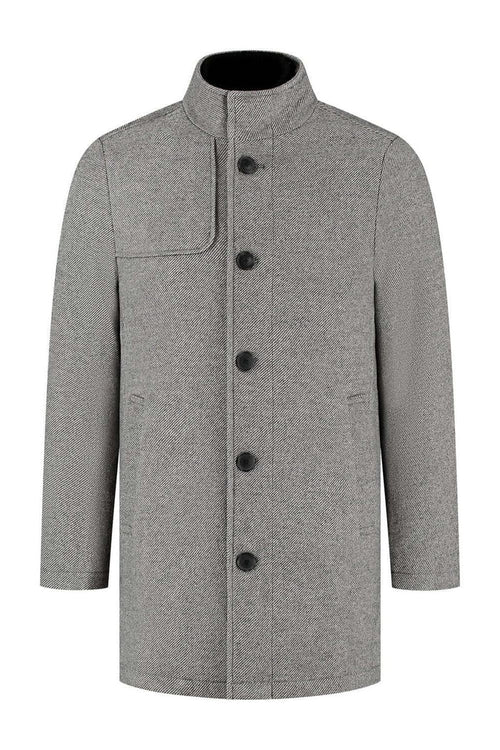 Coat stand-up collar grijs, grijze jas met opstaande kraag en visgraatpatroon, afneembare voering.
