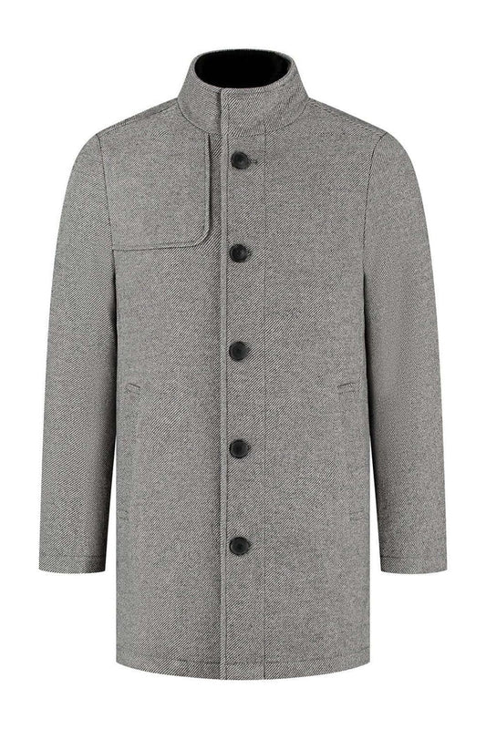 Coat stand-up collar grijs, grijze jas met opstaande kraag en visgraatpatroon, afneembare voering.