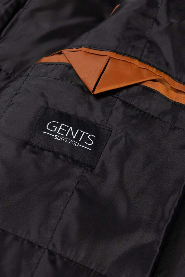 Coat stand-up collar grijs met opstaande kraag en visgraatpatroon, detail van het label GENTS.