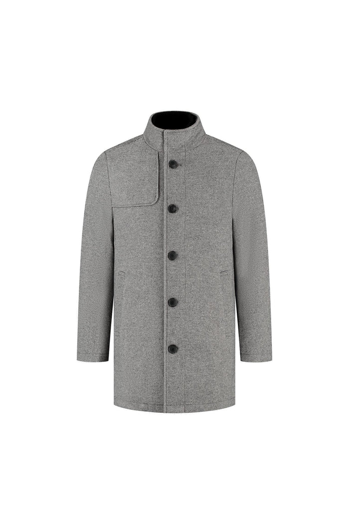 Coat stand-up collar grijs, grijze jas met opstaande kraag en visgraatpatroon.