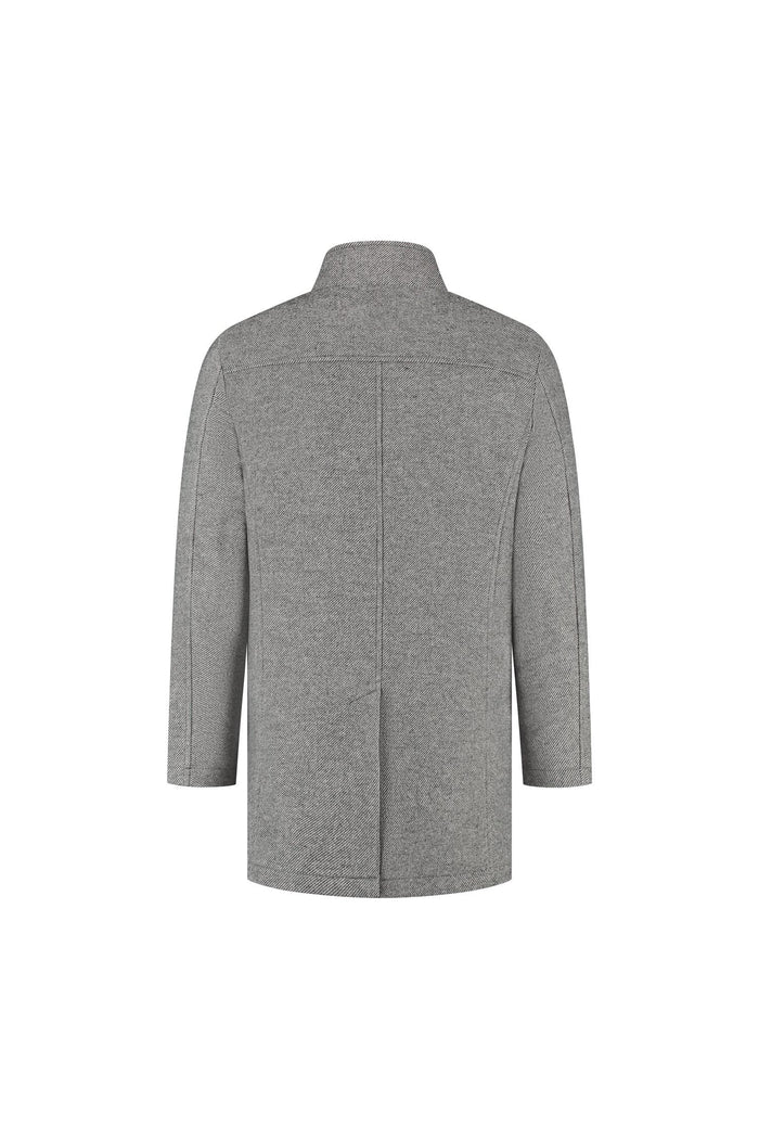 Coat stand-up collar grijs, achteransicht van grijze jas met opstaande kraag en visgraatpatroon.