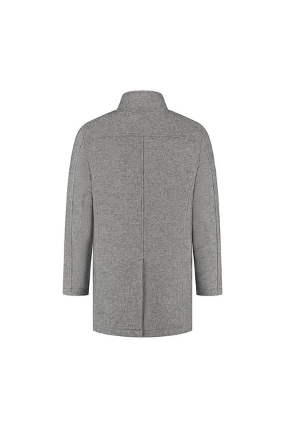 Coat stand-up collar grijs, achteransicht van grijze jas met opstaande kraag en visgraatpatroon.