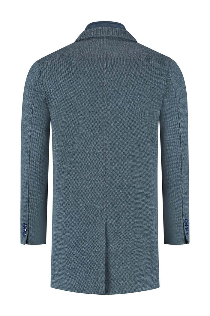 Coat windvanger melange blauwgrijs achterzijde met praktische zakken en naden.