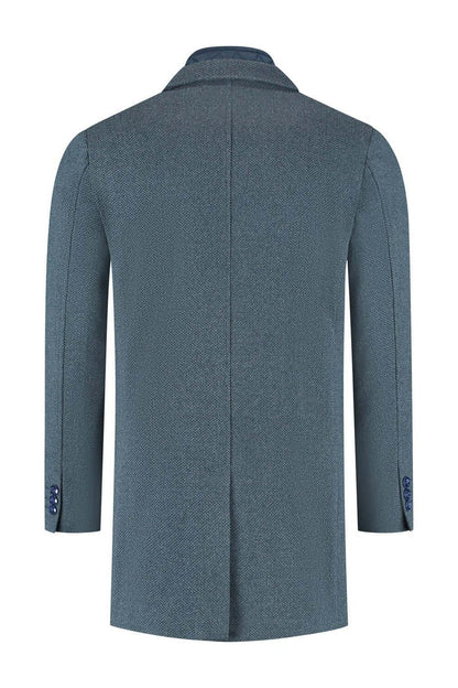 Coat windvanger melange blauwgrijs achterzijde met praktische zakken en naden.