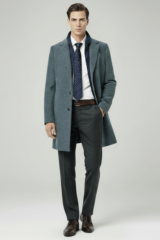 Coat windvanger melange blauwgrijs worn by a model, showcasing its stylish design and practical pockets.