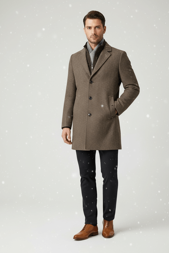 Coat windvanger miniruit bruin worn by a man, featuring a warm wool blend and stylish design.