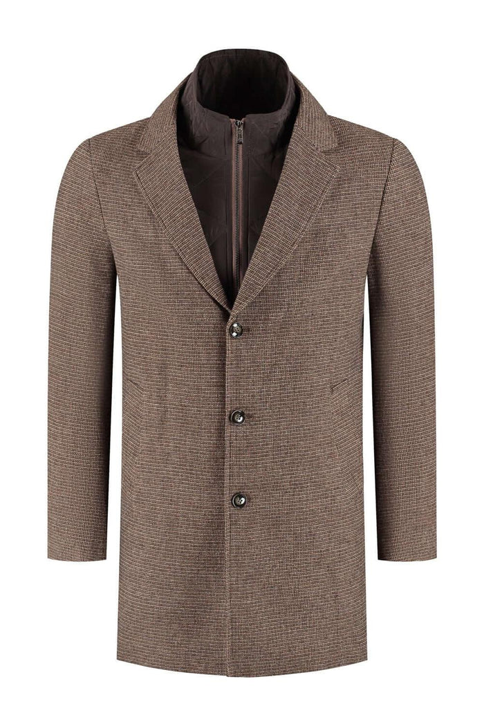 Coat windvanger miniruit bruin - bruine windvanger met miniruit patroon in warme wolblend.