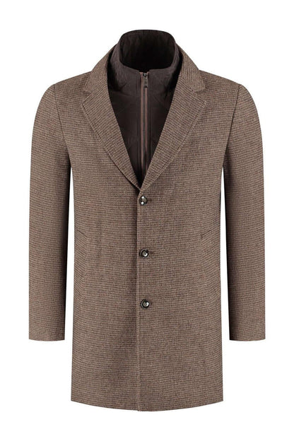 Coat windvanger miniruit bruin - bruine windvanger met miniruit patroon in warme wolblend.