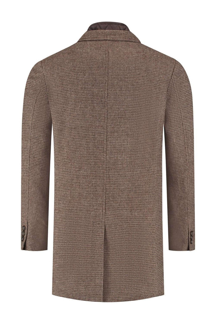 Coat windvanger miniruit bruin - achterkant van een bruine windvanger met miniruit patroon, warme wolblend.
