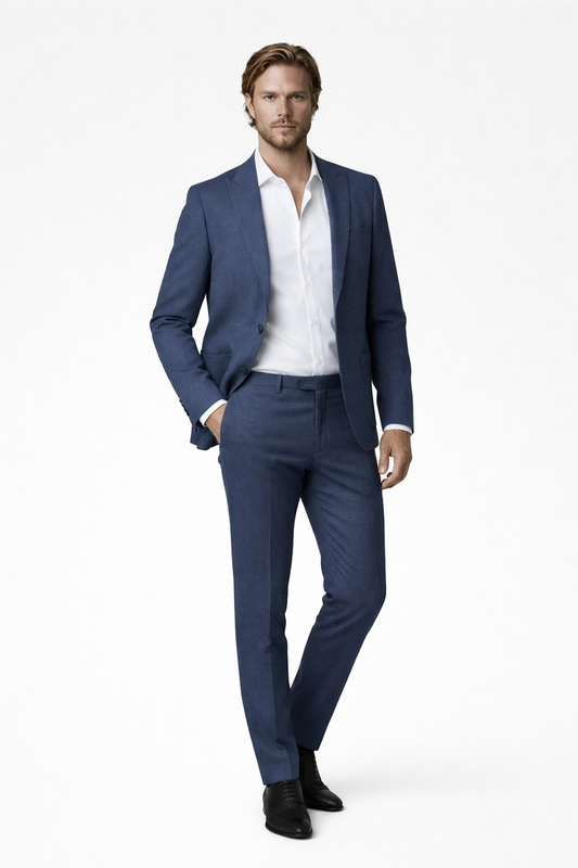 Colbert bi-stretch blauw met moderne pasvorm; kreukvrij en veelzijdig.