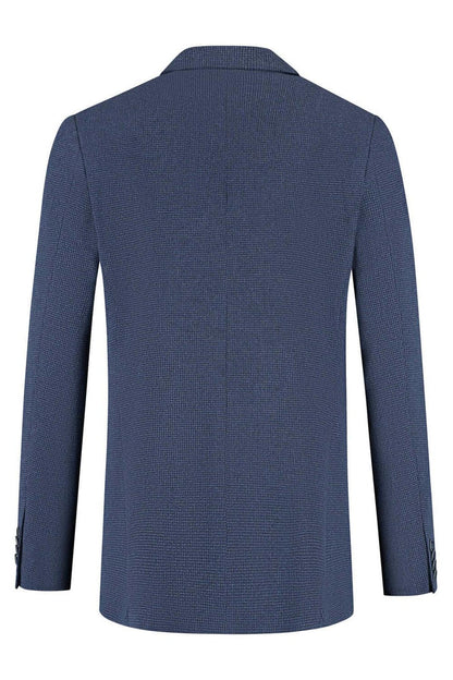 Colbert bi-stretch blauw, achterkant van een blauw bi-stretch colbert met moderne pasvorm en kreukvrij materiaal.