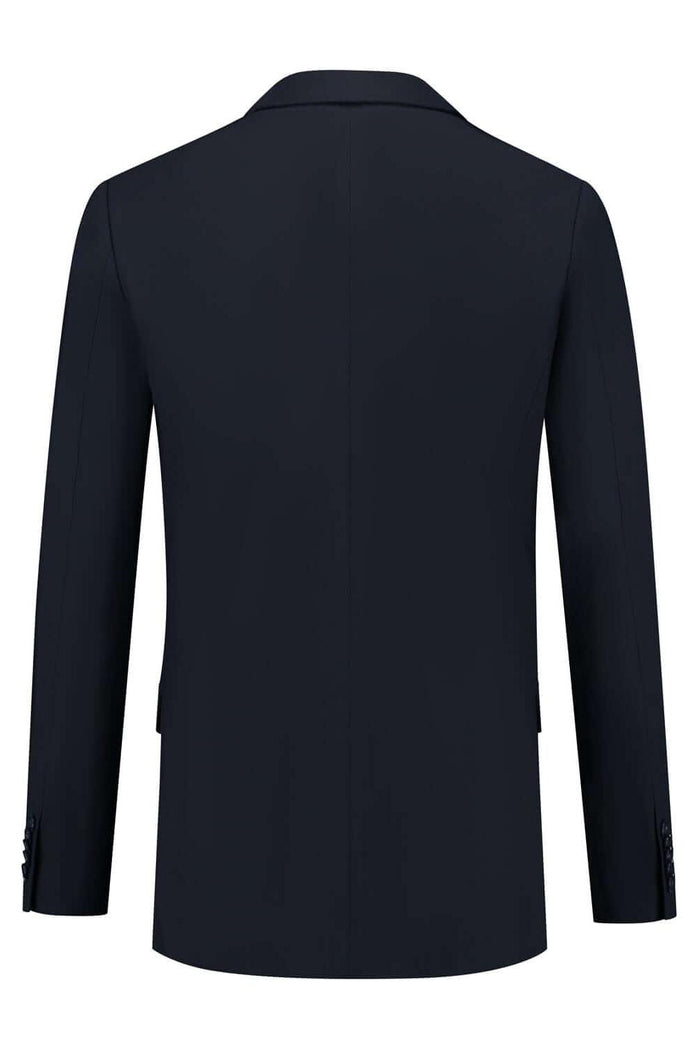 Colbert comfort stretch blauw MixMatch, achterkant van een diepblauwe colbert met twee knopen.