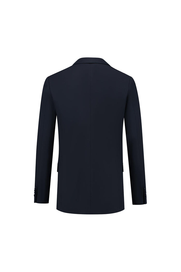 Colbert comfort stretch blauw MixMatch, achteraanzicht van een diepblauwe stretch colbert met twee knopen.