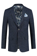 Colbert dot blauw, blauw colbert met subtiel dotdessin en bloemenvoering, stijlvolle herenmode.