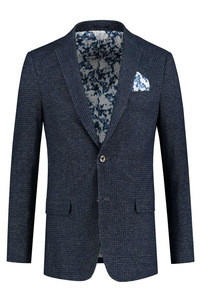 Colbert dot blauw, blauw colbert met subtiel dotdessin en bloemenvoering, stijlvolle herenmode.