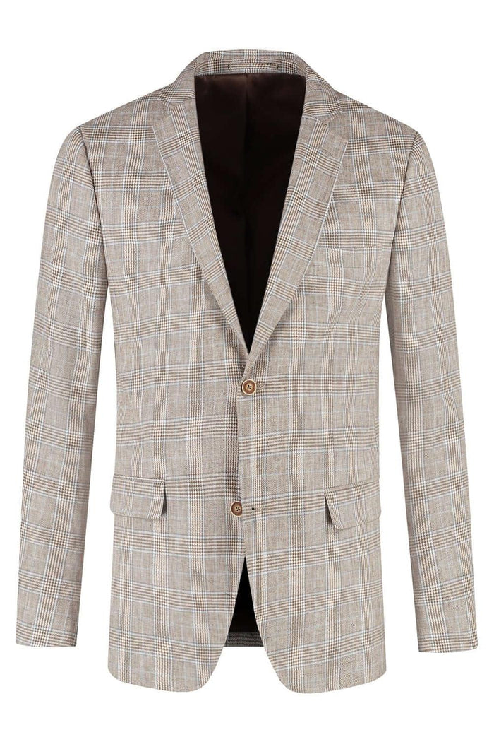 Colbert Glen check bruin, linnen katoen jasje met knoopsluiting en bruin Glen-check patroon.