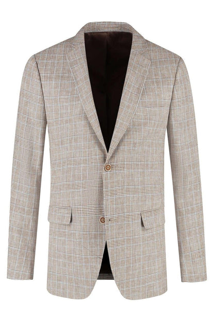 Colbert Glen check bruin, linnen katoen jasje met knoopsluiting en bruin Glen-check patroon.