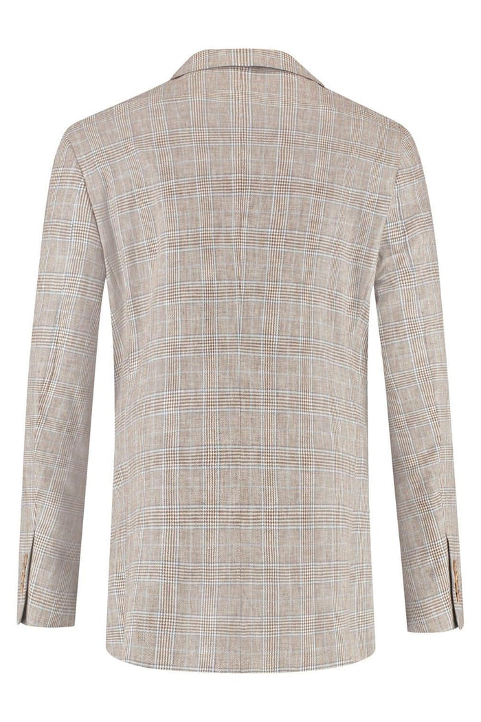 Colbert Glen check bruin, achterkant van een bruin linnen katoen colbert met knoopsluiting en een Glen-check patroon.