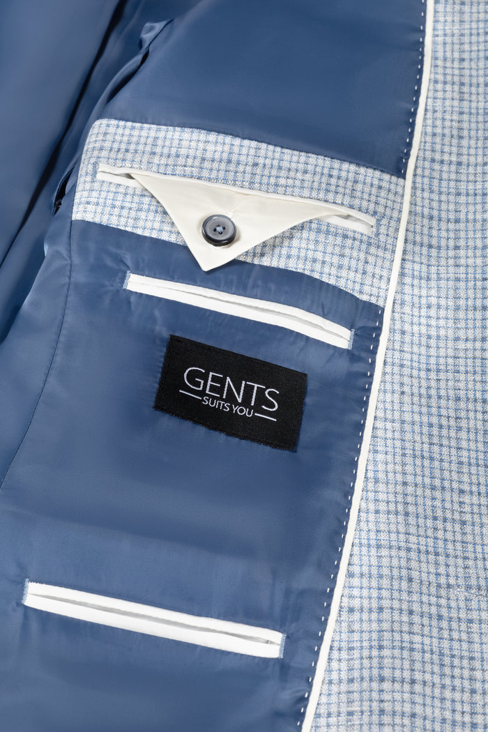 Colbert miniruit lichtblauw met stijlvolle binnenvoering en zakdetails.